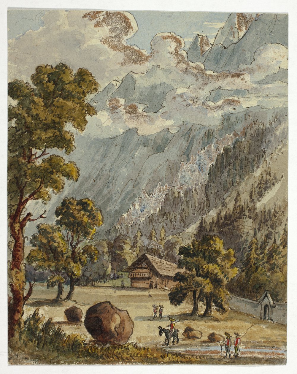 Chalet és kert az Alpok alatt (recto); Village  Glacier du Boissons, Chamix (verso) alkotó: Unknown