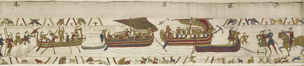 Harold átkel a Csatornán Guy, Ponthieu gróf területére, ahol elfogják, Bayeux Tapestry (gyapjú hímzés vászonra) alkotó: Unknown