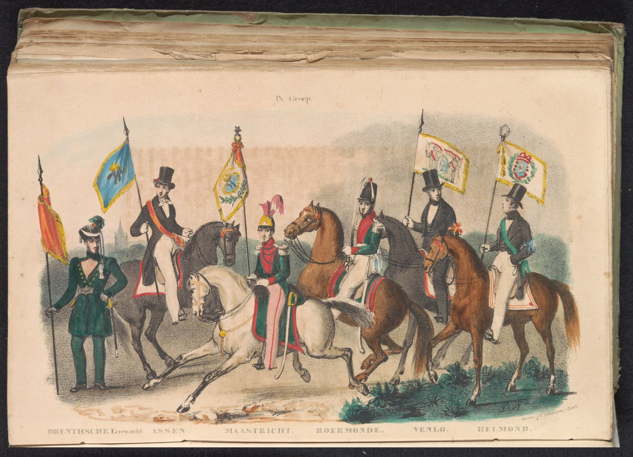 Drenthe, Assen, Maastricht, Roermond, Venlo és Helmond díszőreinek jelmezei és zászlói, 1840-1842 IX. Csoport (cím az objektumon) alkotó: Unknown