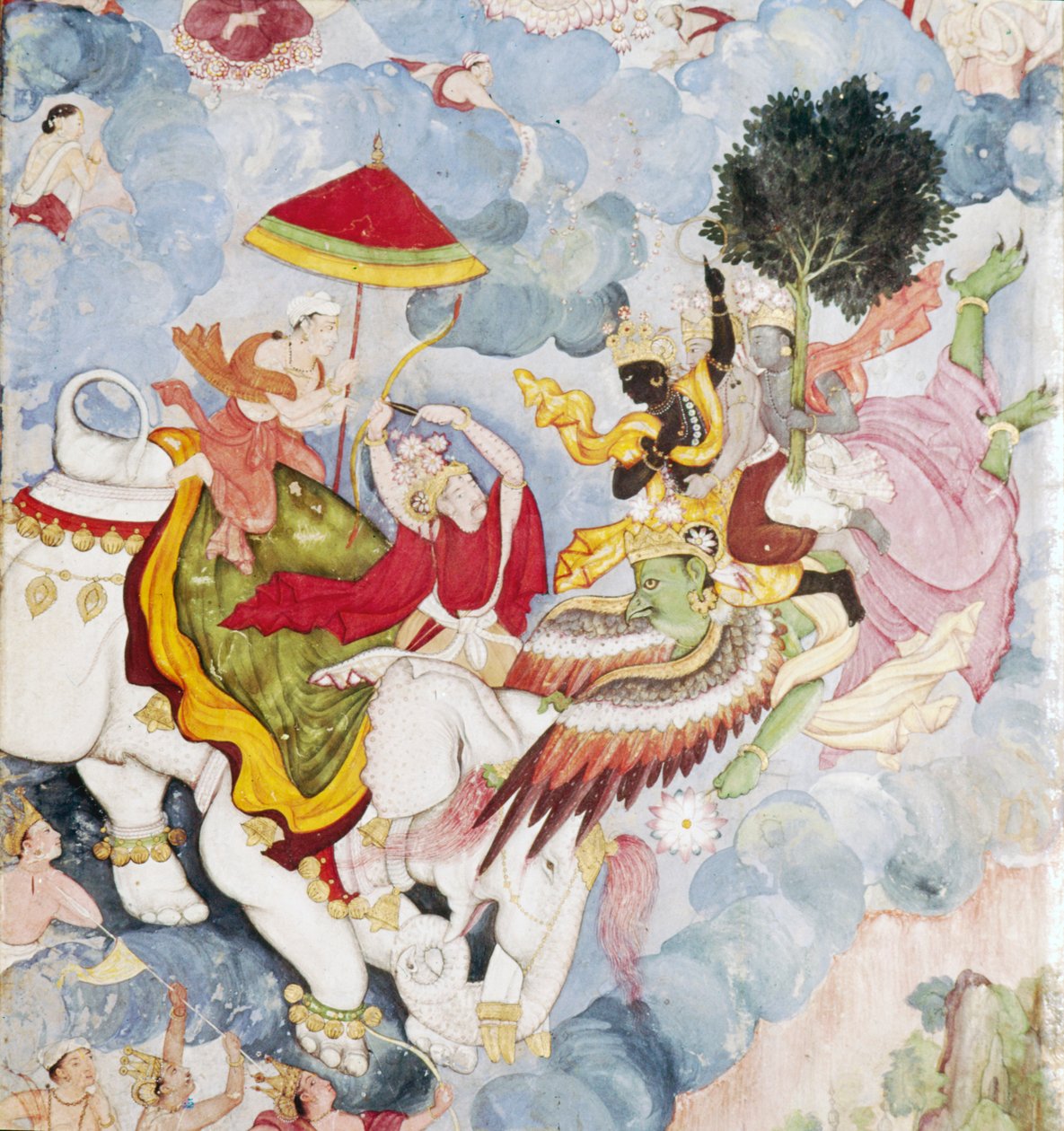 Krishna a Madáristenen, Garuda megküzd Indrával az elefánton, Harivamsa kézirat, c1590 alkotó: Unknown