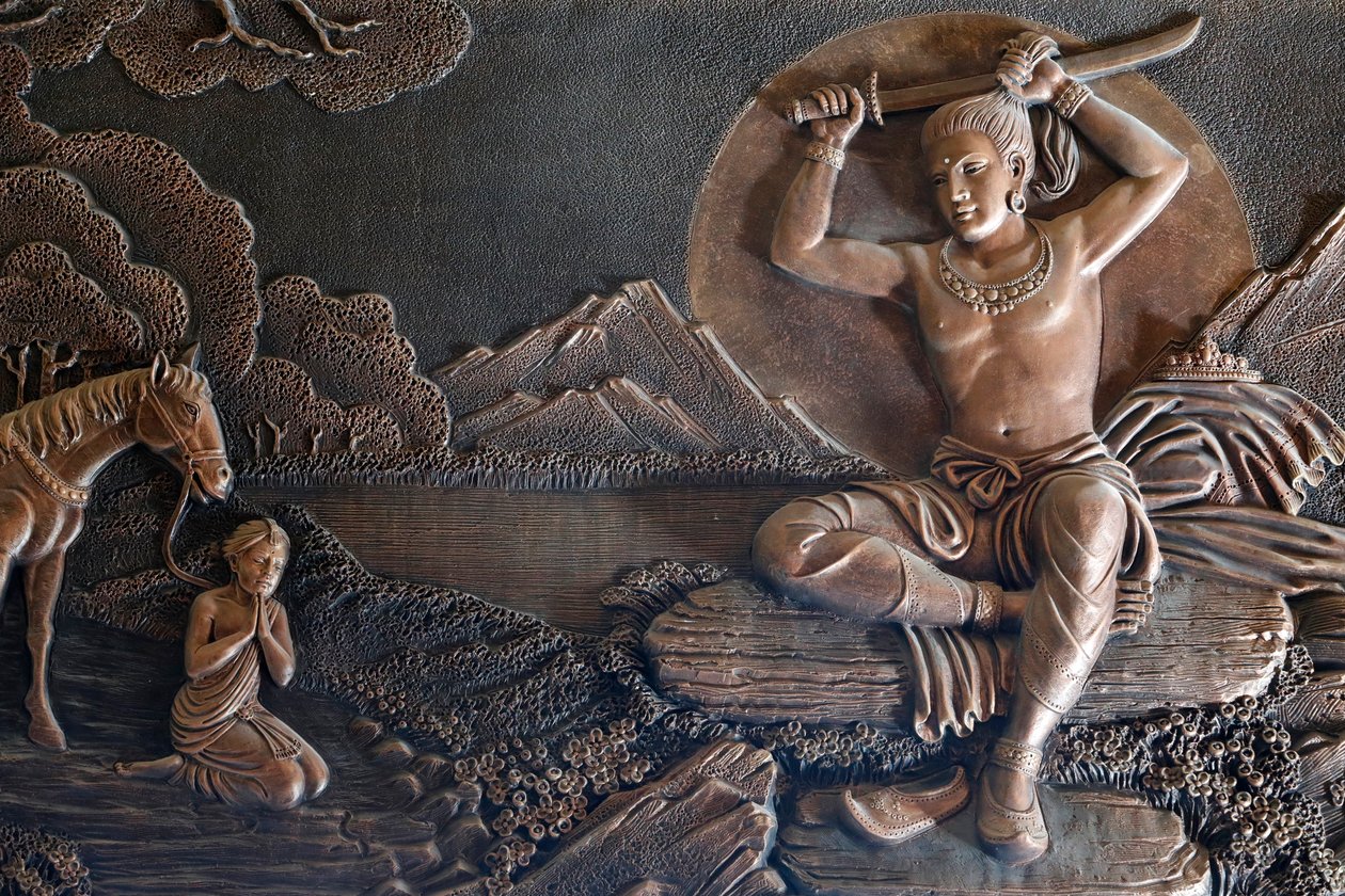 Linh Phong buddhista templom, Buddha élete, Távol a palotától, Sziddhárta herceg szép ruháit rongyokra cserélte és hosszú haját levágta, Dalat, Vietnam alkotó: Unknown