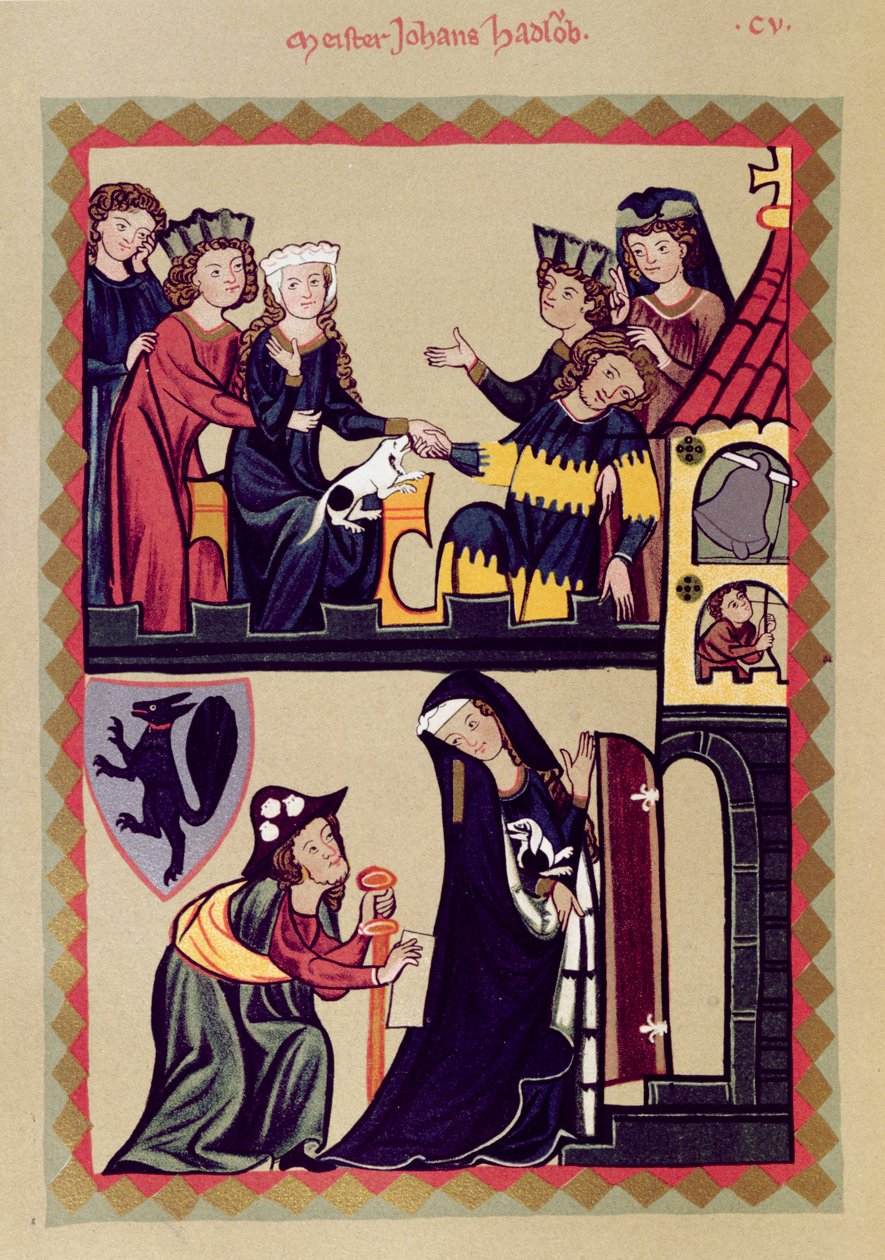 Johannes Hadloub mester, illusztráció a Manesse Codex vagy a Grosse Heidelberger Liederhandschrift fakszimiléjéről, készült Zürichben 1305-40 körül alkotó: Unknown