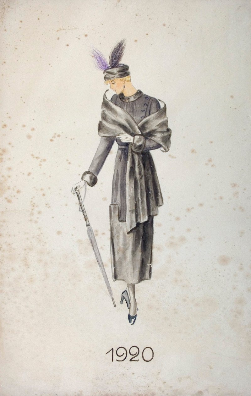 Kabátot és tollas sapkát viselő, esernyőt viselő modell, 1920 alkotó: Unknown
