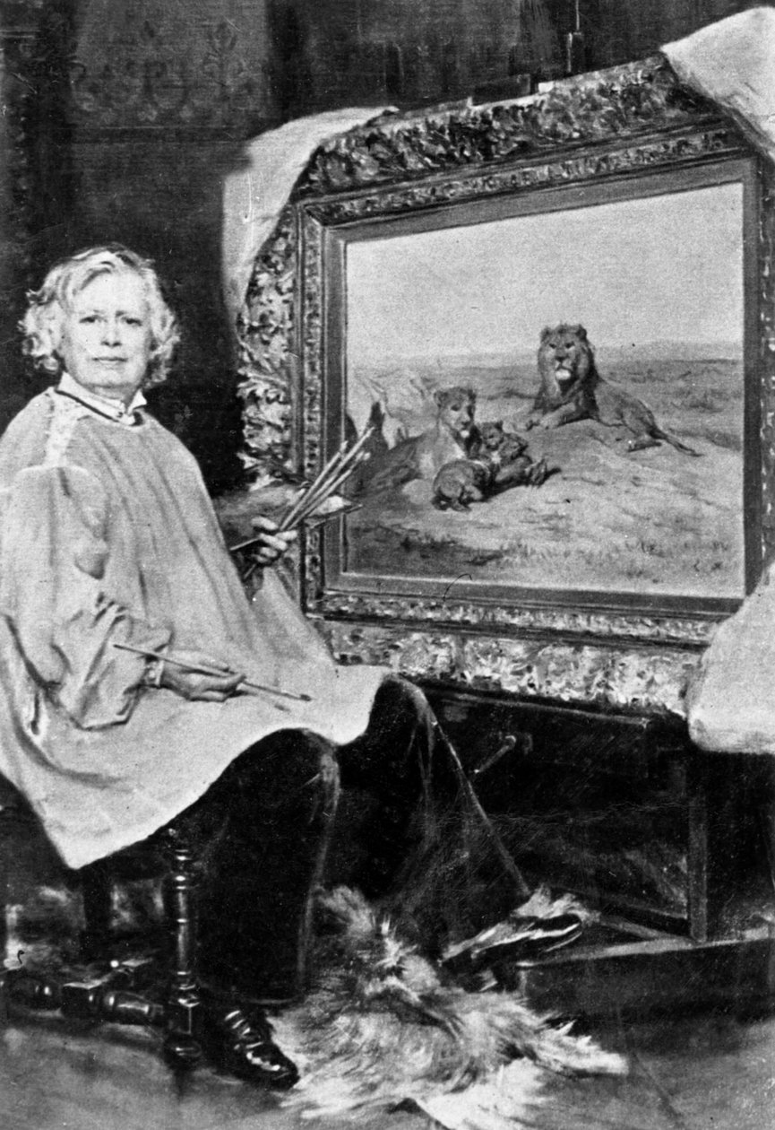 Rosa Bonheur (1822-1899) francia vadfestő itt az egyik oroszlánt ábrázoló vászna előtt c. 1875 alkotó: Unknown