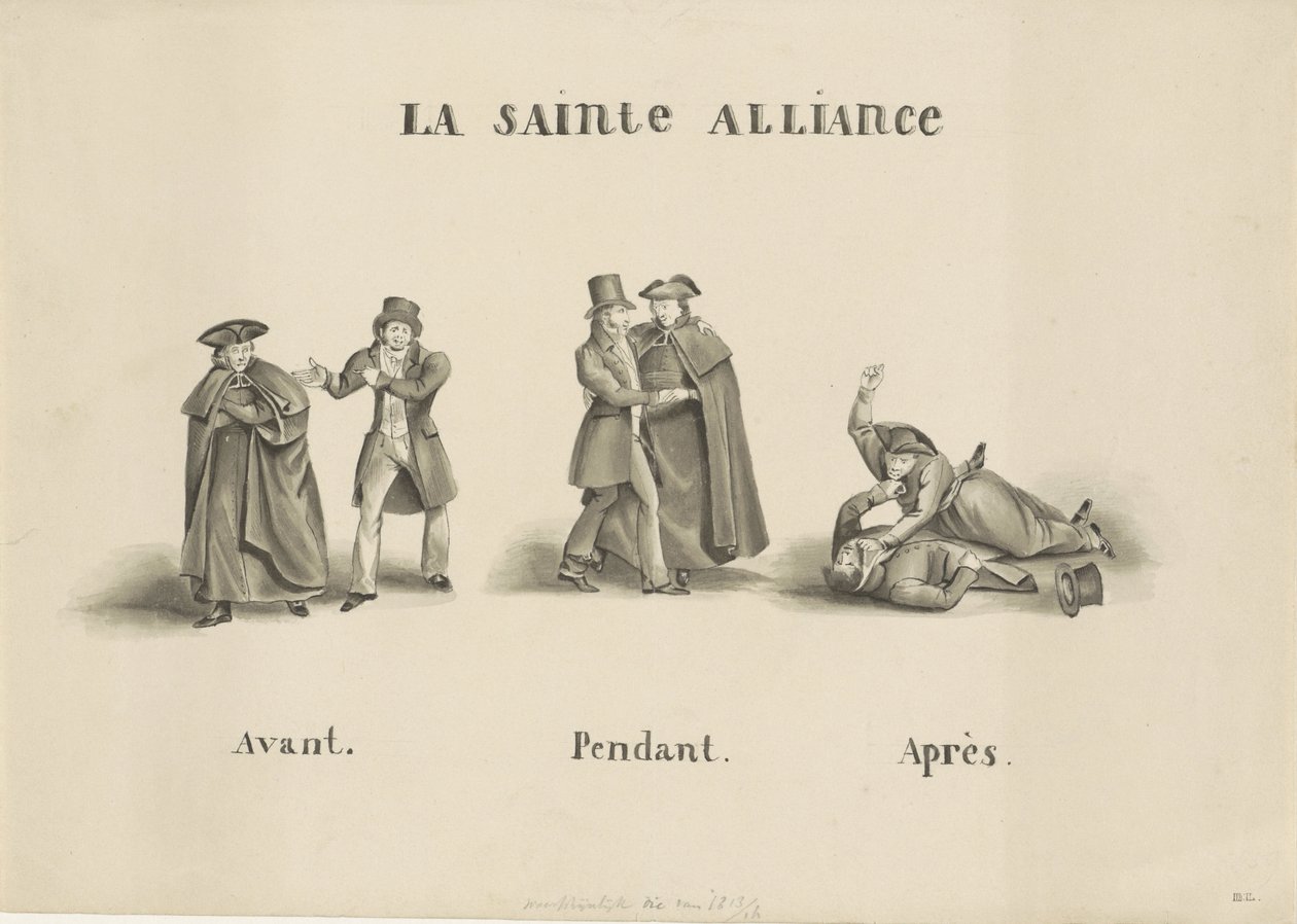Karikatúra a római pappárt és a liberális párt között a holland kormány ellen kötött szövetségről, 1828 La Sainte Alliance (cím a tárgyon) alkotó: Unknown