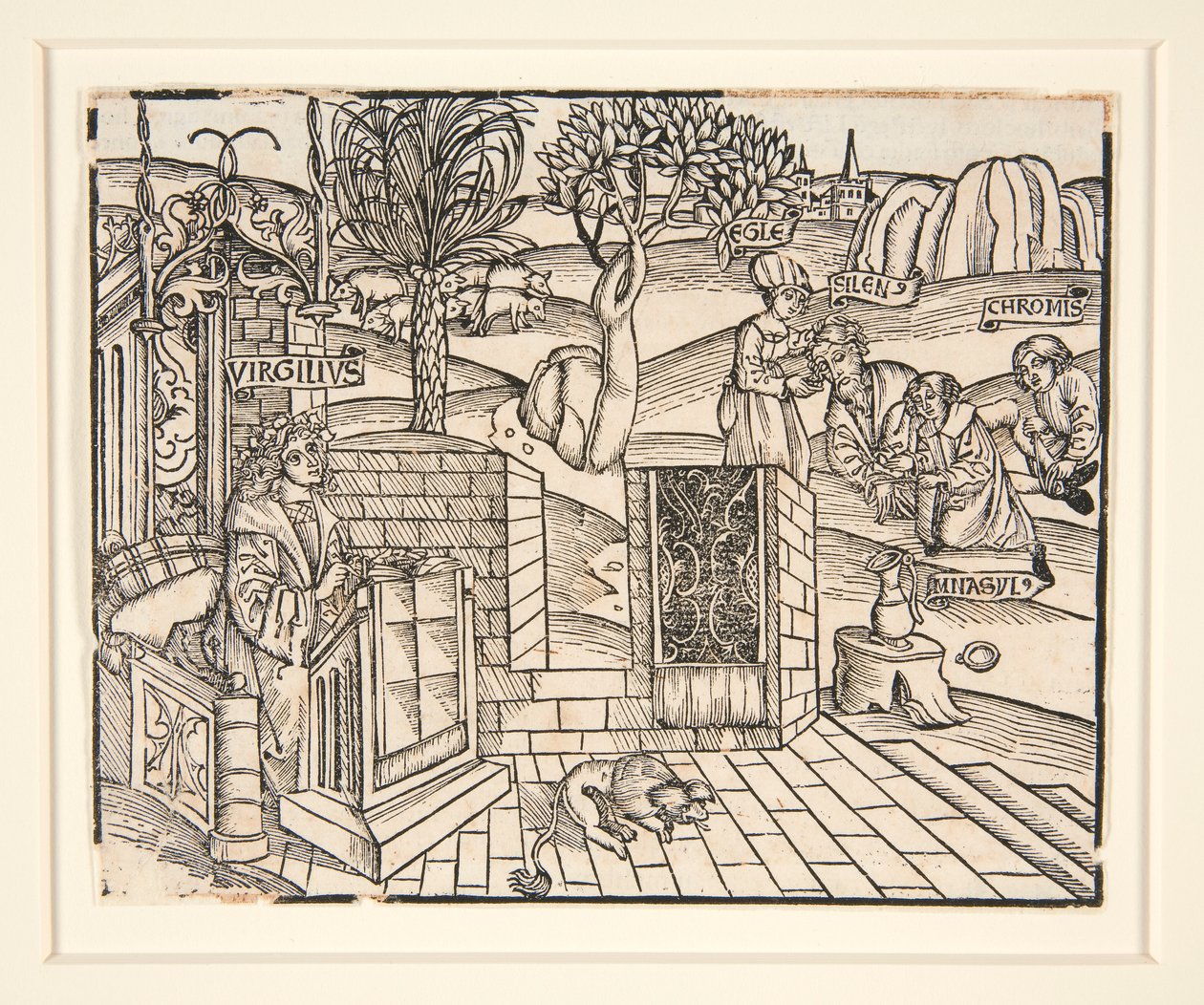 A pásztorok Chromis és Mnasyle megkötözik az alvó szilenust. 1502. Vergilius illusztrált kiadványából alkotó: Unknown