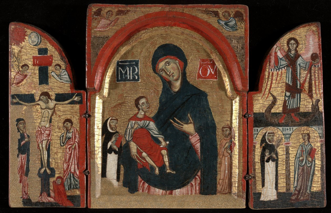 Triptichon: Szűz és gyermek Szent Domonkossal és Ferenccel; A keresztre feszítés; Szent Mihály Szent Péter vértanúval és Alexandriai Katalinnal alkotó: Unknown