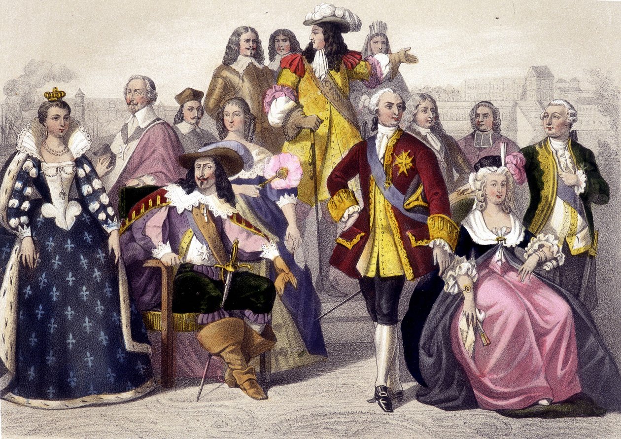 1610-1774. Marie de Medici, XIII. Lajos, XV. Lajos, Marie Antoinette és XVI. századi metszet. alkotó: Unknown artist
