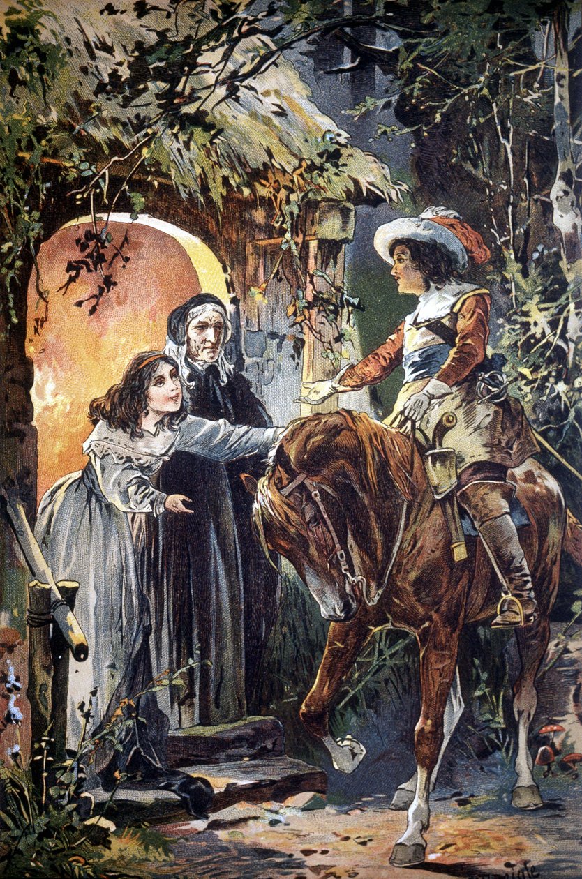19. századi illusztráció, amely egy gyermekmese egy epizódját ábrázolja: egy lovag meglátogat egy fiatal lányt és a nagymamáját. Metszés. alkotó: Unknown artist