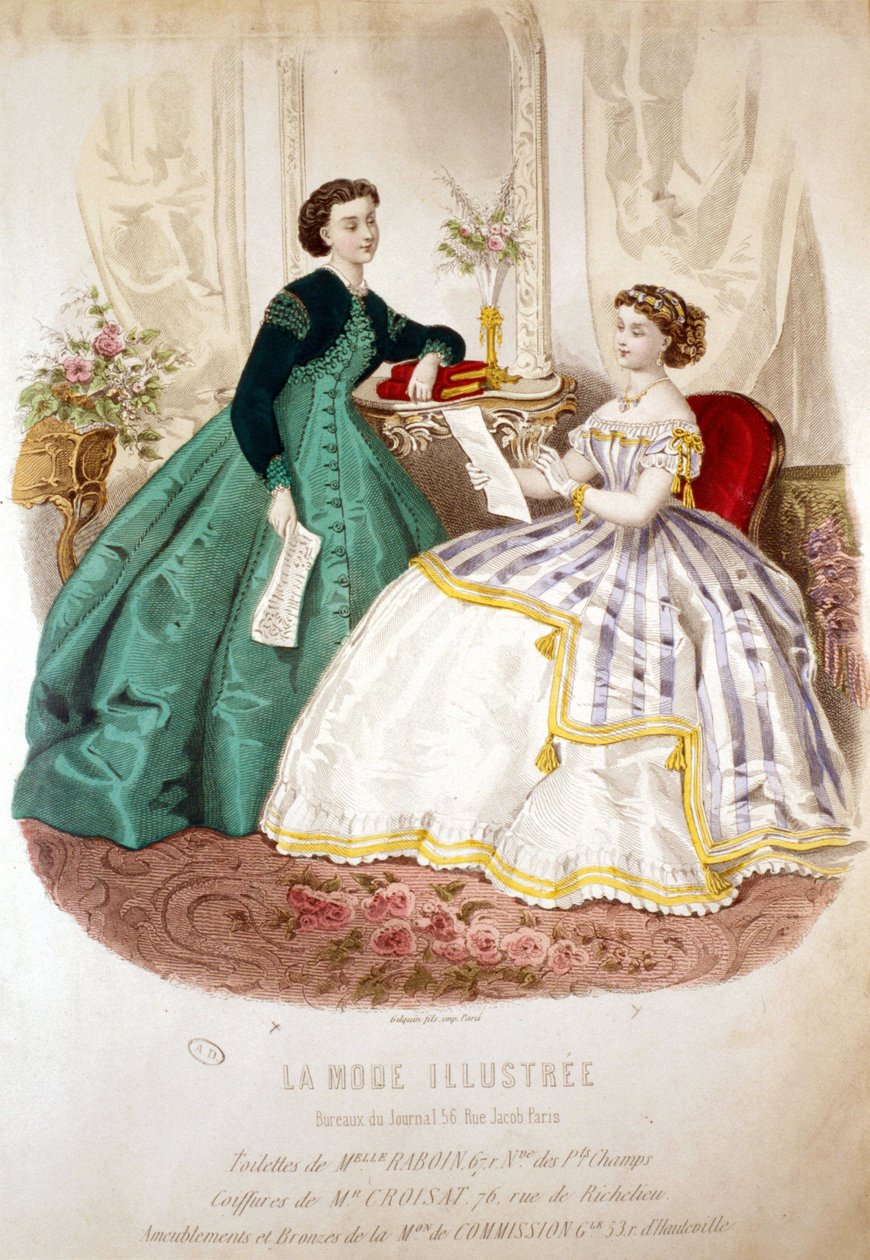 2 nő olvas: Miss Raboin vécéje és M. Croisat frizurája – a „La Mode illustrated”-ben” alkotó: Unknown artist