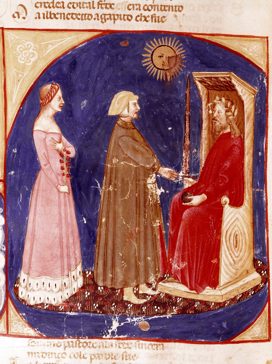2. mennyország: Dante és Beatrice Justinianus római császárral néz szembe a Paradicsom 1. mennyországában. Megvilágított oldal, amely a Paradicsom dalát illusztrálja Dante Alighieri (1265-1321) „Divina Commedia” című művéből. 14. század, Velence, Bibliotec alkotó: Unknown artist