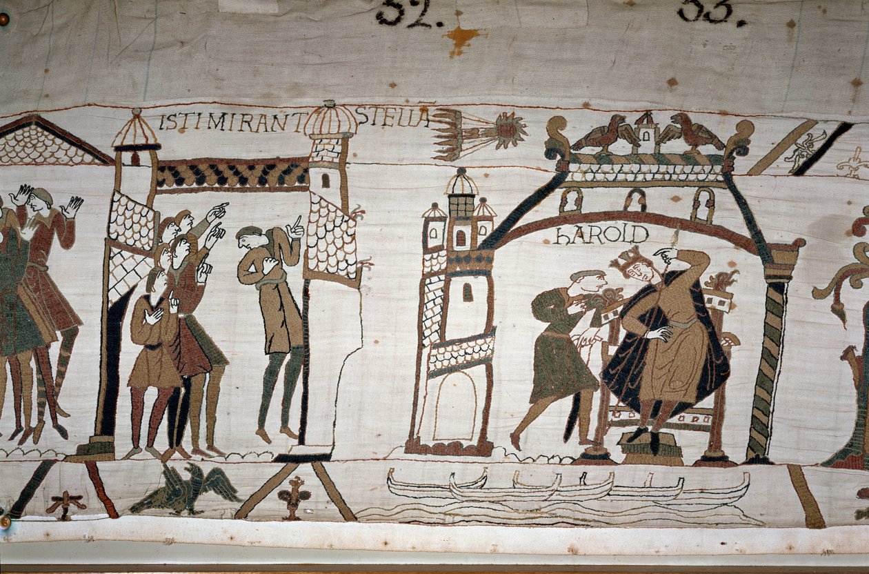 32: Az üstökös megjelenése; 33: Egy hírnök figyelmezteti II. Harold királyt (1022-1066) – Bayeux-i kárpit, Mathilde királynő hímzéseként ismert alkotó: Unknown artist