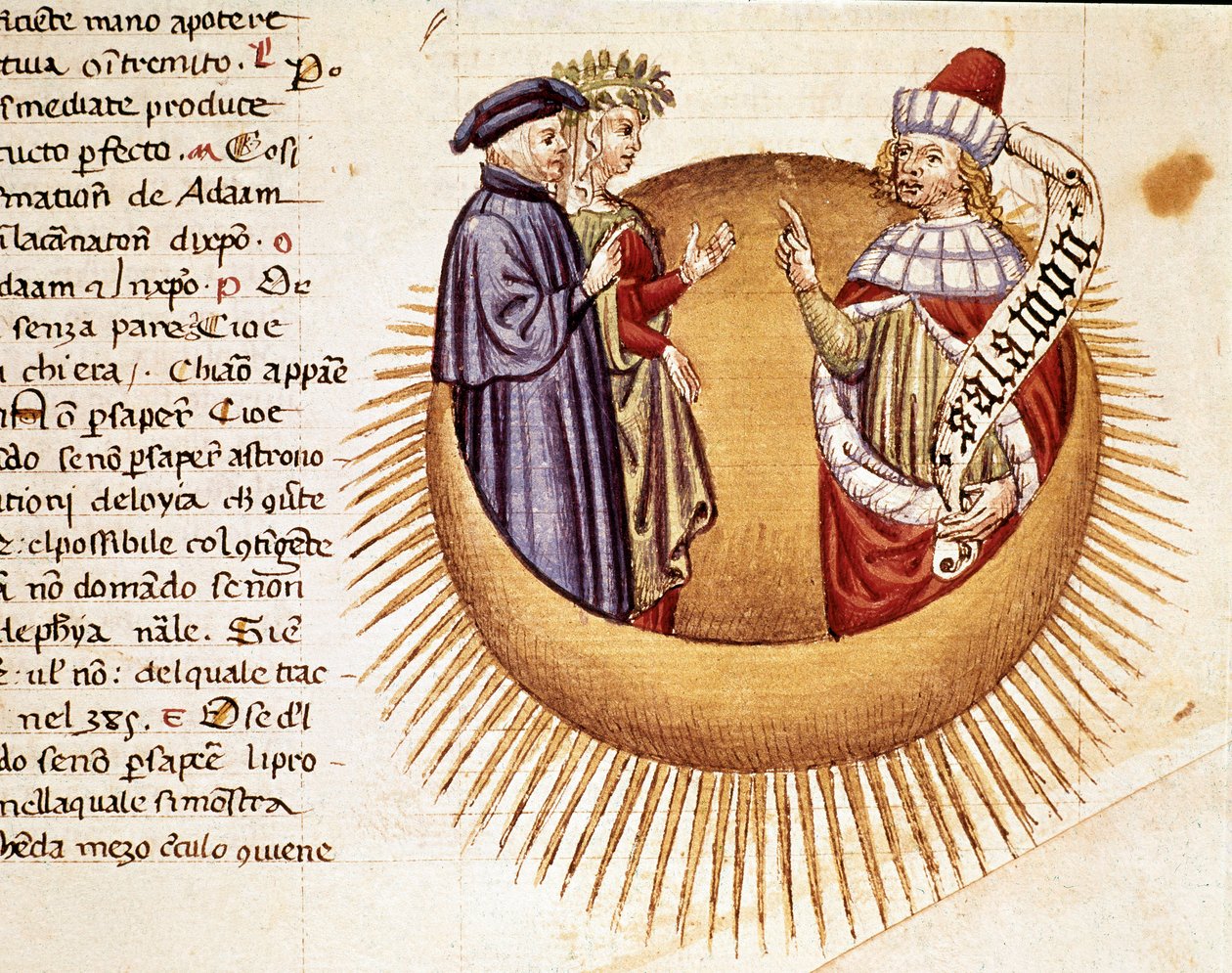 4. Mennyország: Dante és Beatrice találkozik Salamon királlyal. Megvilágított oldal, amely a Paradicsom dalát illusztrálja Dante Alighieri (1265-1321) „Divina Commedia” című művéből. 14. század, Velence, Biblioteca Marciana alkotó: Unknown artist