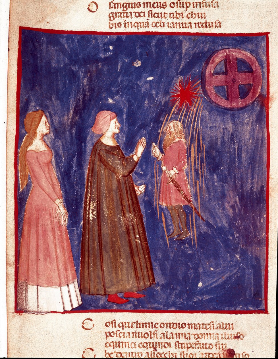 5. mennyország: Dante és Beatrice találkozik Lord Cacciaguidával a harcosok lelkének égi szférájában. Megvilágított oldal, amely a Paradicsom dalát illusztrálja Dante Alighieri (1265-1321) „Divina Commedia” című művéből. 14. század, Velence, Biblioteca Mar alkotó: Unknown artist