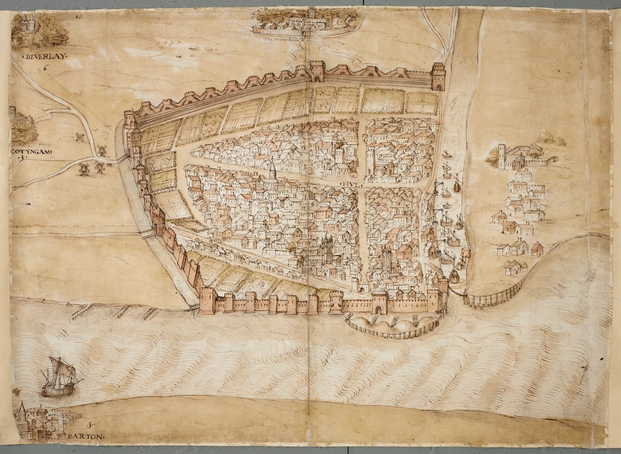 Hull városának 16. századi ábrázolása. Ez a térkép Hull városát mutatja, ahol a Hull folyó a Humber-torkolatba torkollik. Egyike annak a tervsorozatnak, amelyet a partvédelem állapotának bemutatására készítettek 153 végén. alkotó: Unknown artist