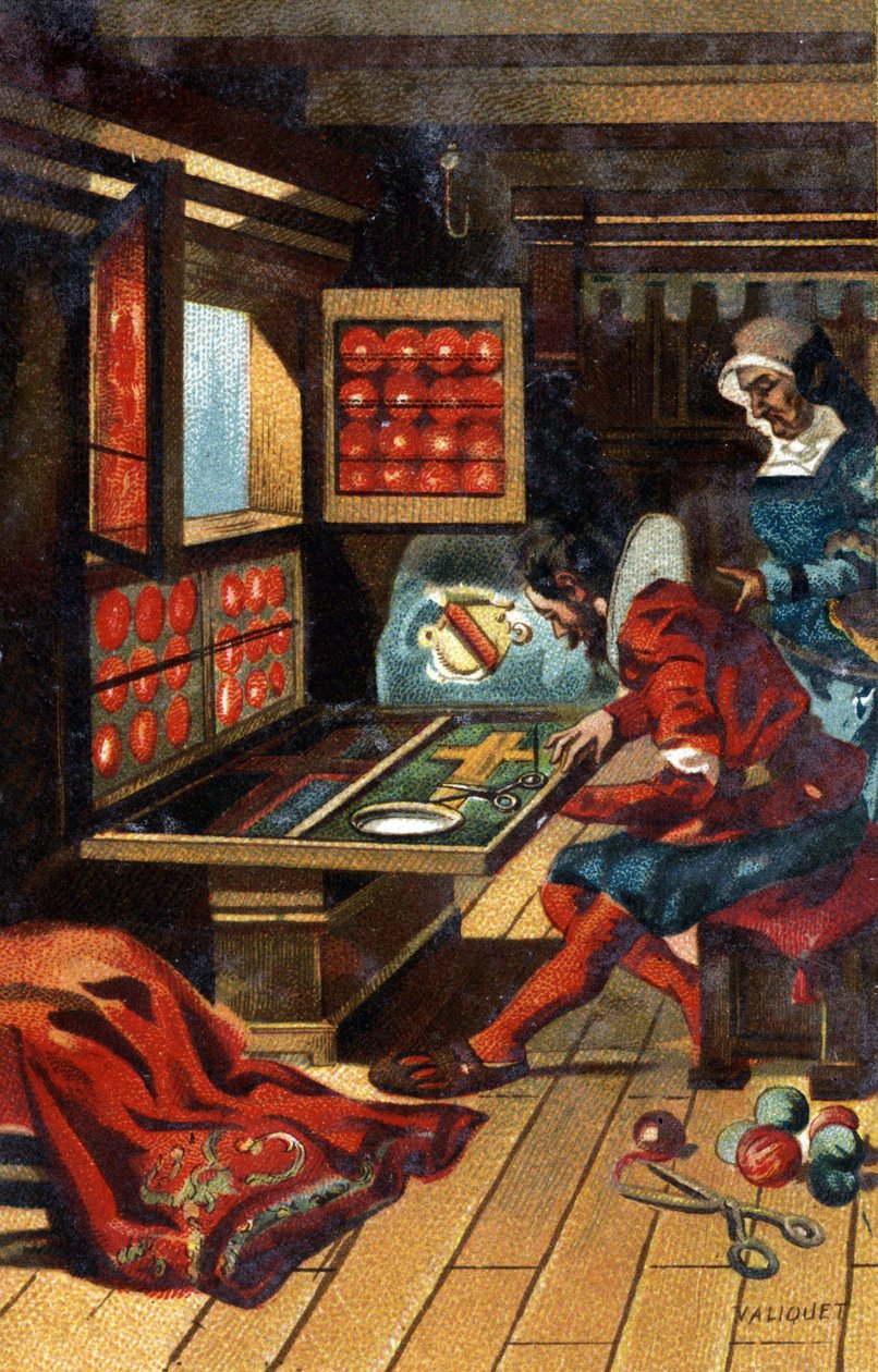 Egy Chasublier (egy munkás, aki mindenféle egyházi ruhát készít) 1546-ban. A 19. század végének kromolitográfiája. alkotó: Unknown artist