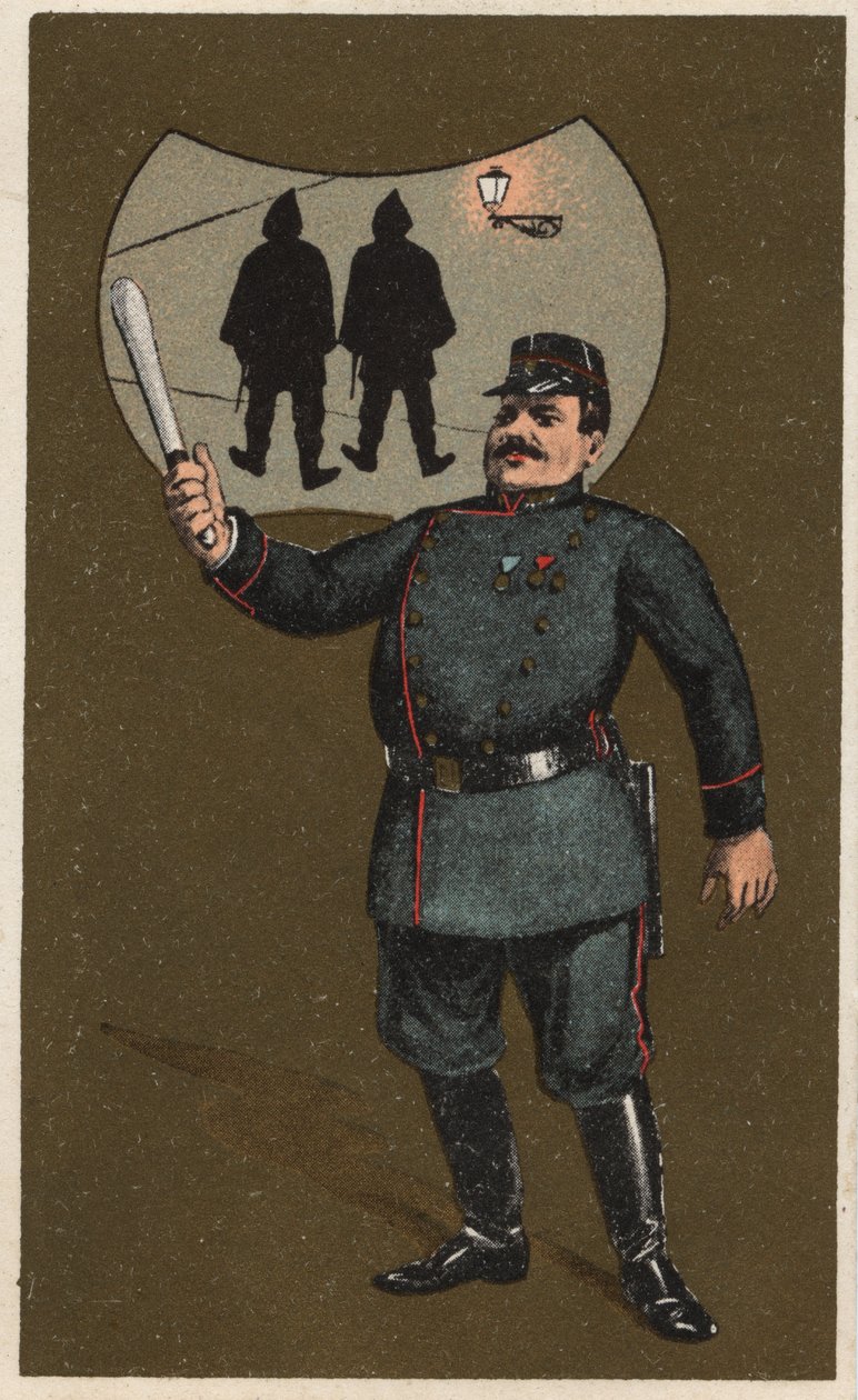 Egyenruhás francia rendőr gumibotjával. Névtelen kromolitográfia, 19. század vége. alkotó: Unknown artist