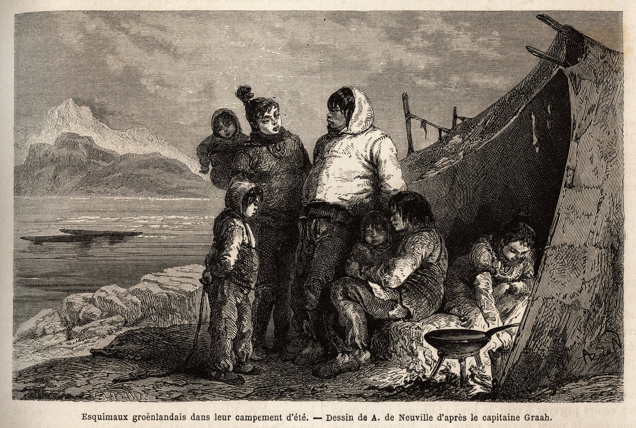 Egy grönlandi inuit család nyári bőrtáborában. Doctor Hayes, az Egyesült Államok haditengerészetének sebésze által 1860-1862-ben végzett metszet az Északi-sark szabadtengerére vezető utazás szemléltetésére, megjelent a „Le tour du monde, nouveau Journal de alkotó: Unknown artist