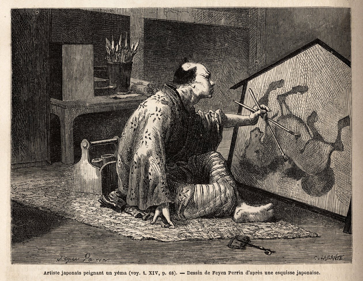 Egy japán művész jemát fest (legendás lófestés). Aime Hubert, a Svájci Államszövetség minisztere által az 1863–1864-es japán utazást illusztráló metszet a „Le tour du monde, nouveau Journal des voyages” című kiadványban, amely a direktíva alatt jelent meg. alkotó: Unknown artist