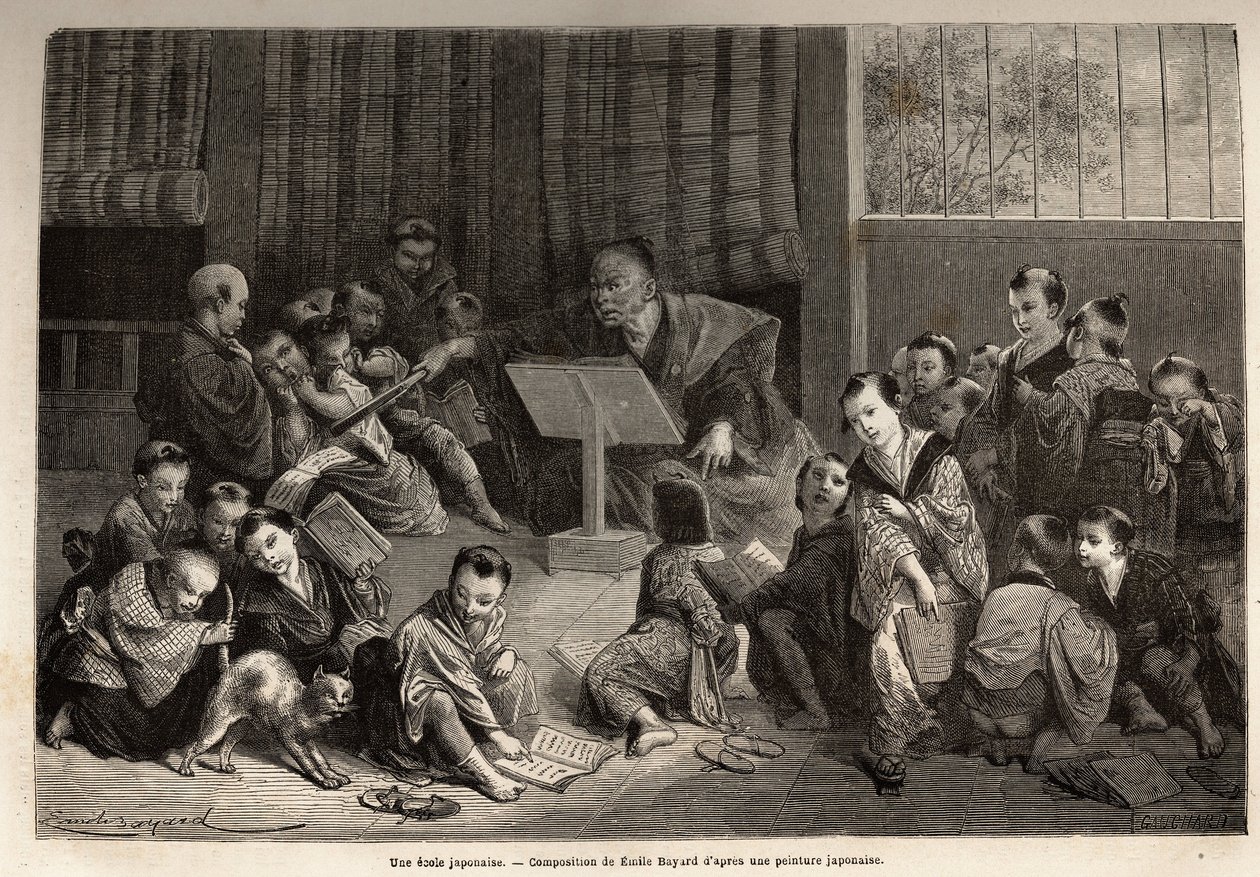 Egy japán iskola a fiatal fiúk oktatására, tanáruk körül guggolva, szavalógyakorlatokon tanulják meg az ábécé és a nyelvtan elemeit. Metszet az 1863-1864-es japán utazás szemléltetésére, Aime Humbert miniszterétől alkotó: Unknown artist