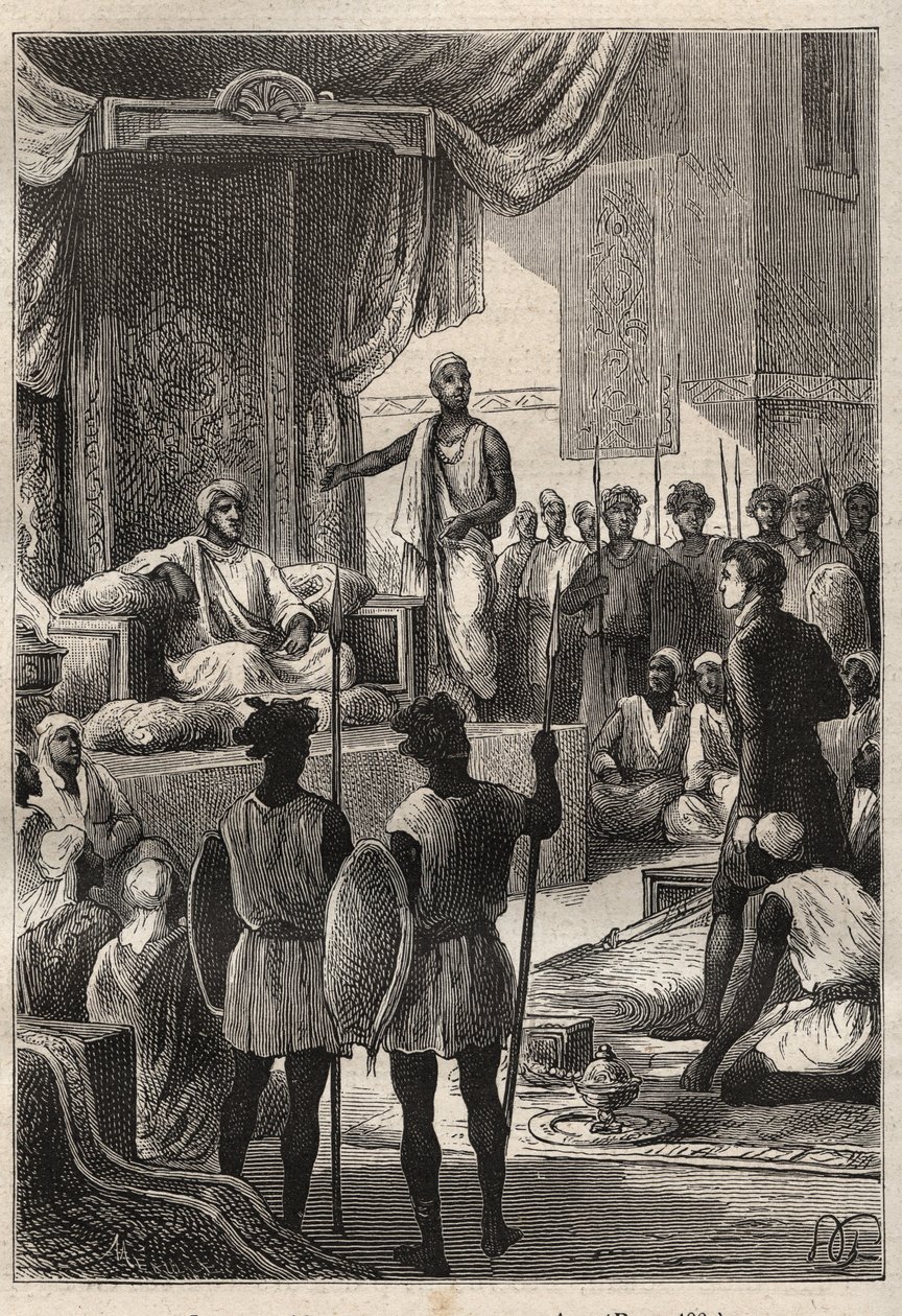William George Browne (1768-1813) Utazás Egyiptomba és a Közel-Keletbe (1792-1795): Browne találkozik Darfur Ald el Raschman szultánjával (Abd-er-Rahman, El-Rachid vagy az Igazságos néven ismert) El Fasher (Al-Fashir, Szudán) 1793-ban - illusztráció a „The alkotó: Unknown artist