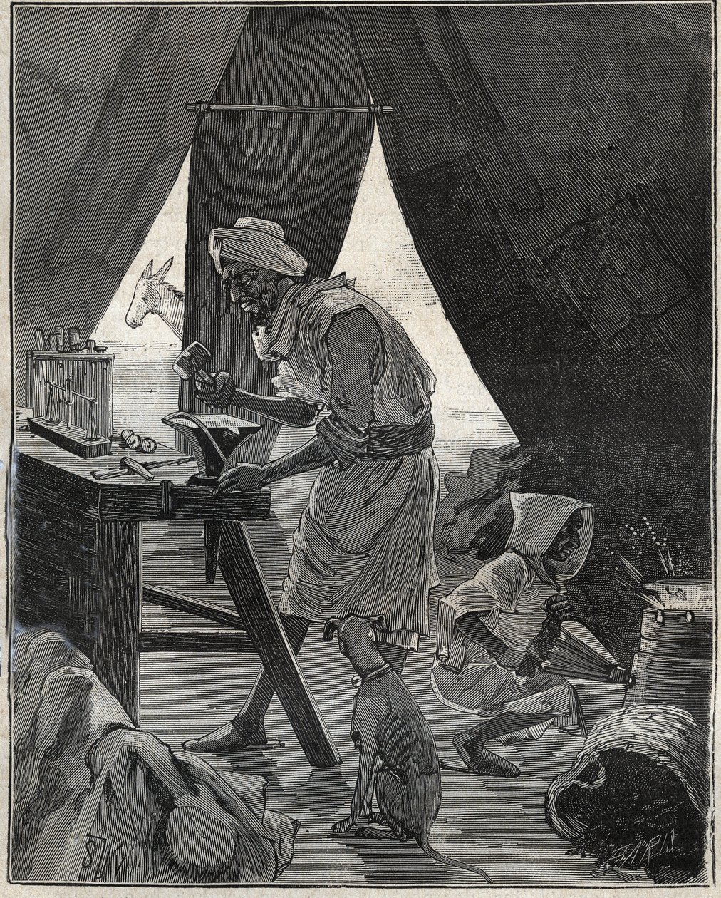 Egy kabil ékszerész Algériában a XIX. Metszet 1885-ből Adolphe BITARD „Les arts et metiers illustres” című könyvében. alkotó: Unknown artist