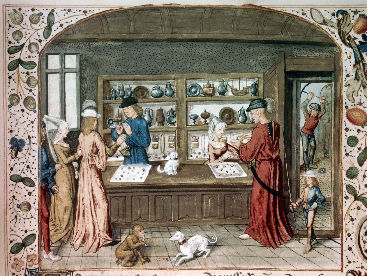 Miniatűr ékszerüzlet a „” Le lapidaire de Jean (Jehan) de Mandeville (1300-1372)” 15. századi Párizsból, B.N. alkotó: Unknown artist