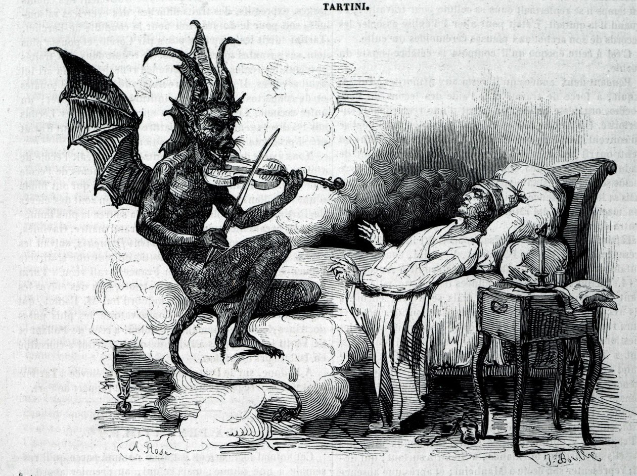 Egy szatíra hegedűn Giuseppe Tartini (1692-1770) olasz zeneszerző, hegedűművész és teoretikus előtt. századi metszet. alkotó: Unknown artist