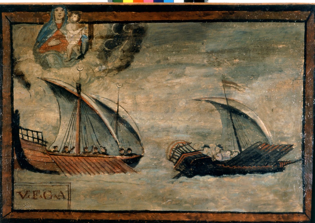 Egy török gálya üldöz egy gályát a Nápolyi Királyságból. Ex-voto a 17. századból. Madonna dell