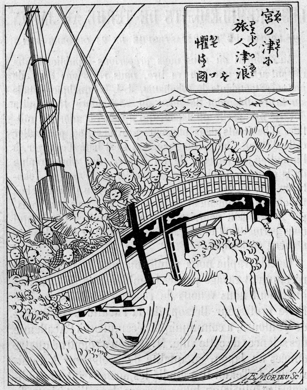 Földrengés által létrehozott háttérhullám. Fac simile (Fac-simile) egy metszet egy japán műről a földrengésekről. Metszet az 1891. december 5-i „” La Nature: revue des sciences et de leurs applications aux arts et a l