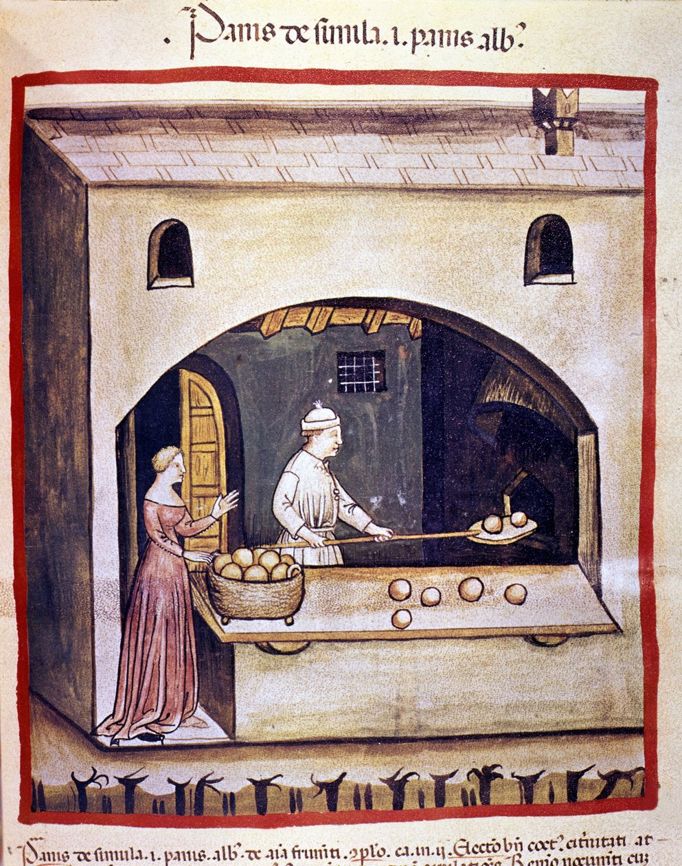 Egy pék fehér kenyeret és búzadarás kenyeret készít. Megvilágítás az orvostudomány és a dietetika fejéséből "" Tacuinum sanitatis"" alkotó: Unknown artist