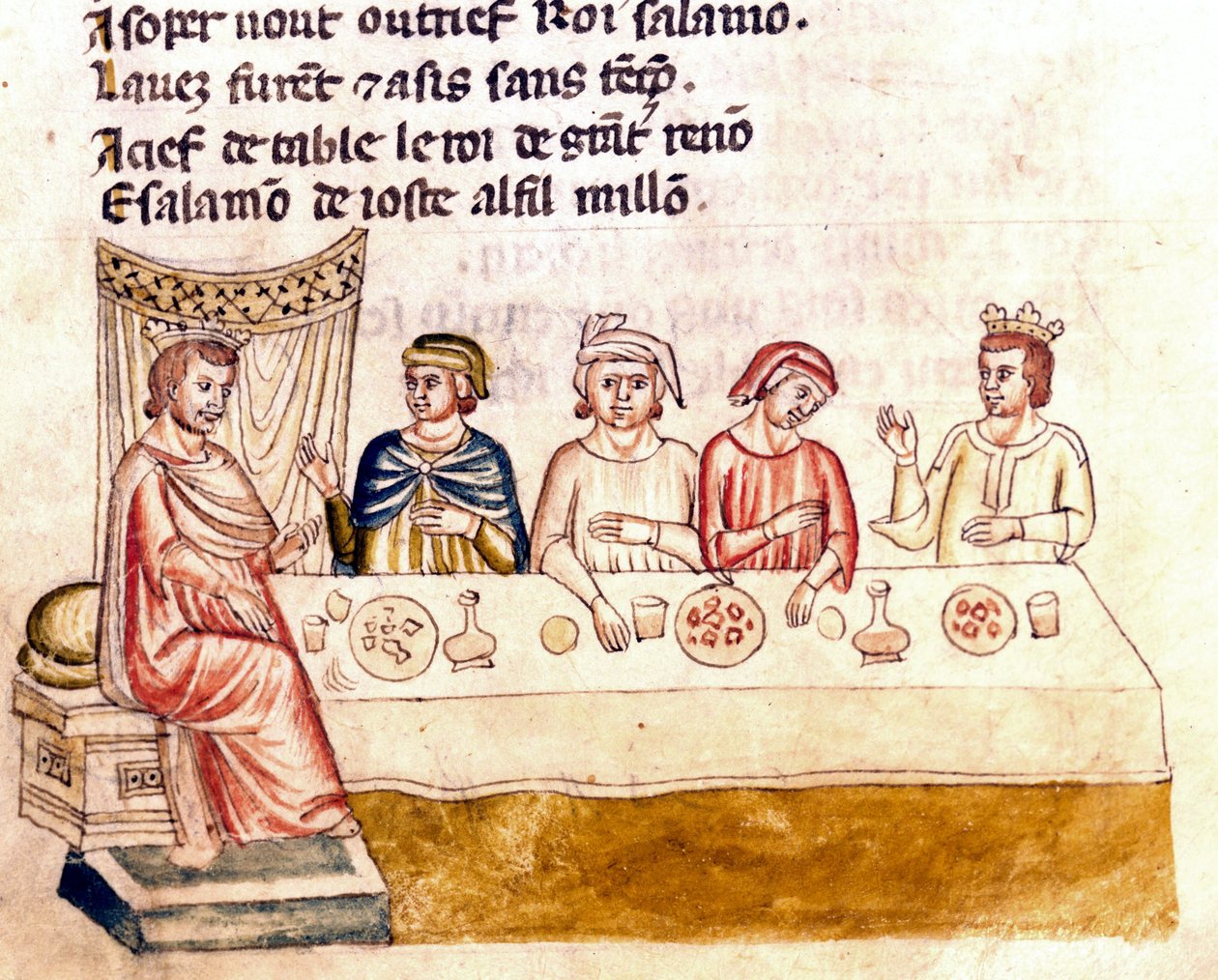 Bankettjelenet: egy király és vendégei - Miniatűr a „Spanyolország Entrree” kódexéből” (Ms.Franc.21) 14. század. Biblioteca Marciana, Velence. alkotó: Unknown artist