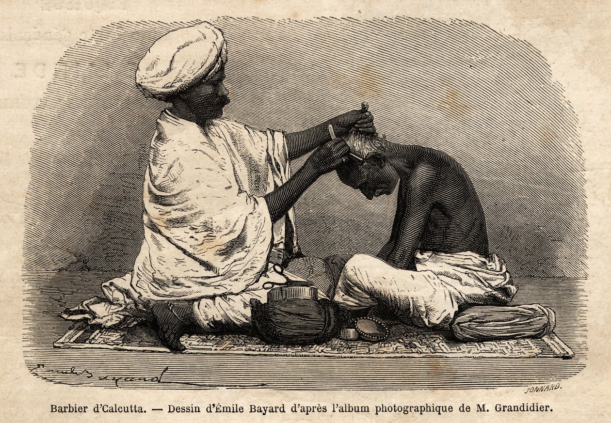 Egy fodrász Kalkutta utcáin dolgozik. Alfred Grandidier 1862-1864-es metszete India meridionális tartományaiban való utazás szemléltetésére, megjelent a „” le tour du monde”-ban”, szerkesztette D