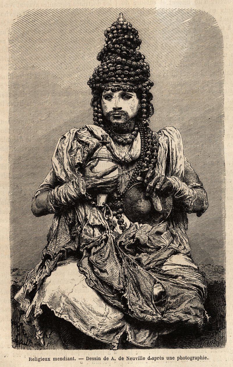 Egy koldus vallásos. Alfred Grandidier 1862-1864-es metszete India meridionális tartományaiban való utazás szemléltetésére, megjelent a „” le tour du monde”-ban, D