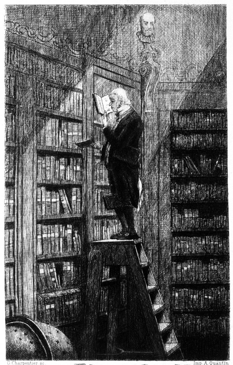 Egy blibliothecaire a létráján, aki a polcokon lévő könyveket vizsgálja. századi metszet alkotó: Unknown artist