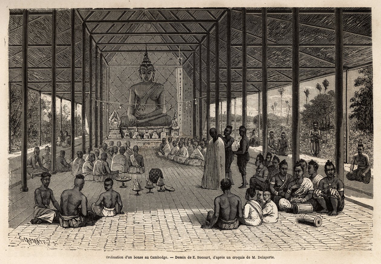 Bonze felszentelési szertartás egy templomban Angkor közelében, Kambodzsában. Francis Garnier, de Vaissseau hadnagy 1866-1868-as metszete az indokínai felfedezőút illusztrálására, megjelent a "" Le tour du monde"" 1870-1871-ben, szerkesztette: alkotó: Unknown artist