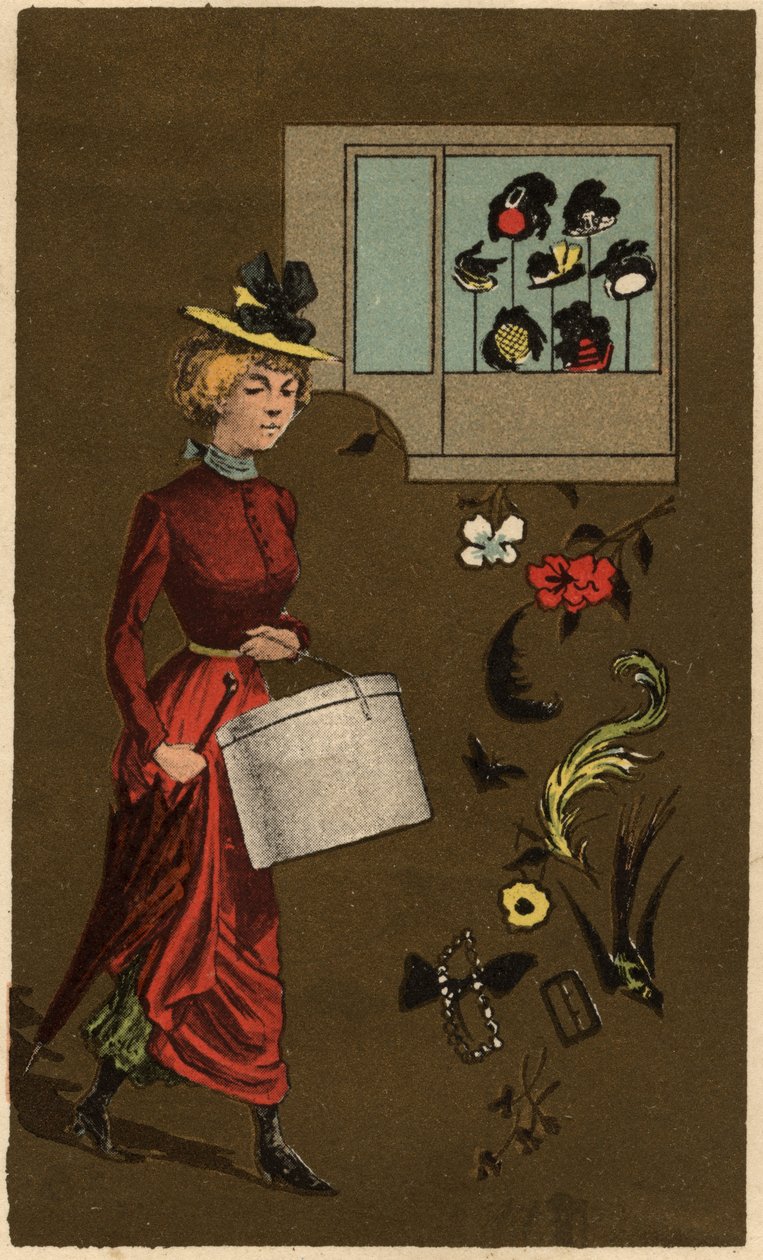 Burzsoá nő kalapdobozt cipelő, névtelen kromolitográfiával, 19. század vége. alkotó: Unknown artist