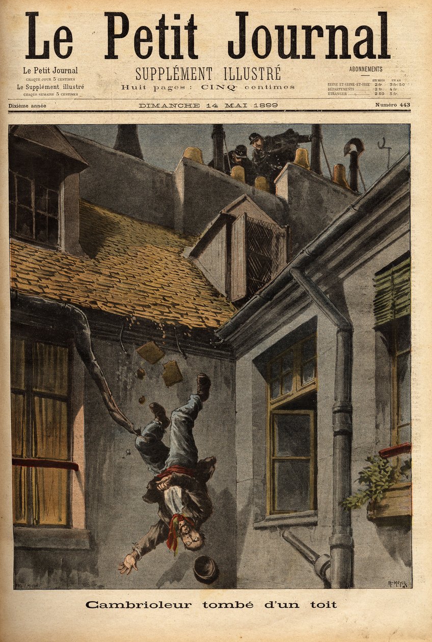 Egy betörő zuhan le a názáreti Notre Dame Street tetejéről, és a csapadékban a rendőrök elől menekül. Metszet a „” Le petit Journal”-ban 1899.14.05. Selva kollekció. alkotó: Unknown artist