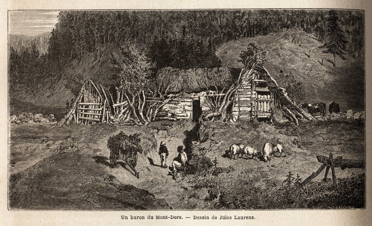 A Mont-Dore (Mont Dore) épülete, amely Közép-Franciaország hegyi legelőin található, szezonálisan működik, májustól októberig sajtot készítettek és teheneket tartottak. Metszet a közép-franciaországi vulkánokhoz vezető utazás szemléltetésére 1864-ben, alkotó: Unknown artist