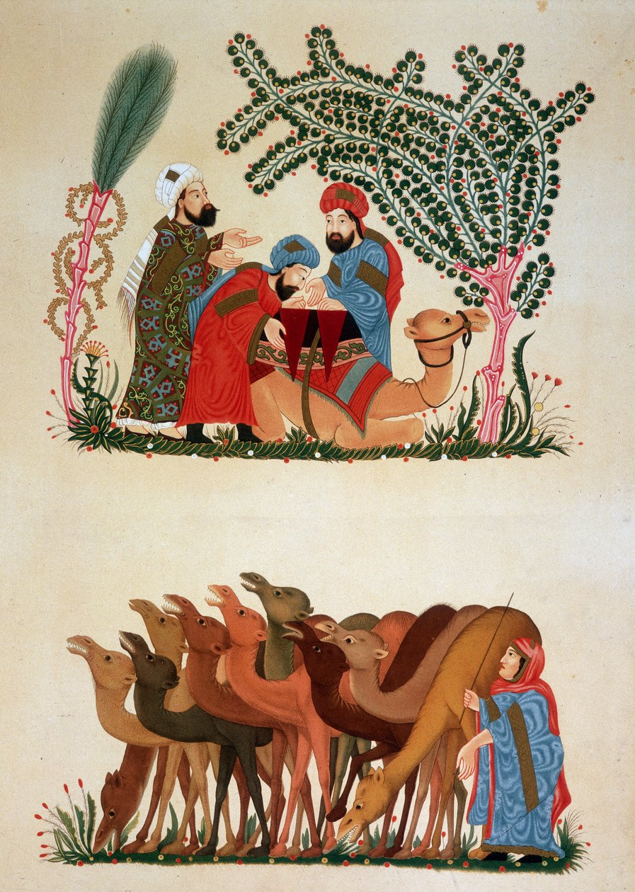 Egy lakókocsi mozgásban. Abu Mohammed al-Kasim ibn Ali Hariri (vagy Al-Hariri vagy Al Hariri) (1054-1122) „” Maqamat” (Szeánszok) 13. századi illusztrációja az „arab művészetben” Kairó emlékműveiből a 7. századtól a 18. századig P alkotó: Unknown artist