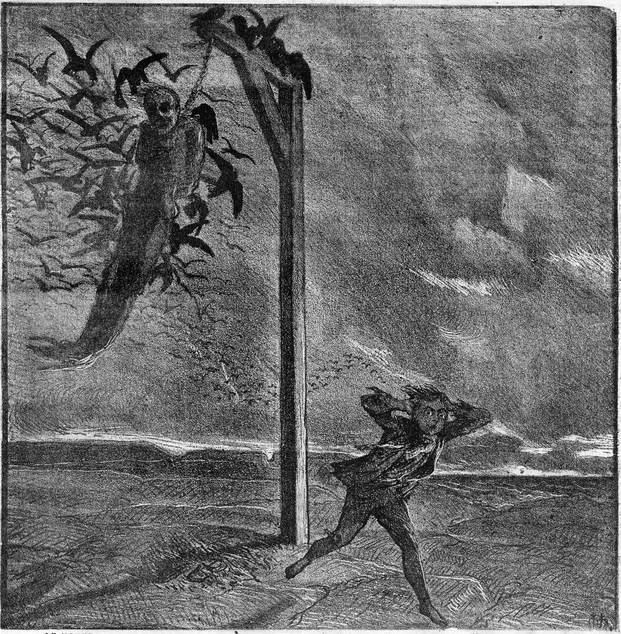 Egy gyerek megijed egy akasztott férfi látványától, akit varjak falnak fel – Victor Hugo (1802-1885) „Az ember, aki nevet” illusztrációja – Metszet a „Le Journal Illustrée”-ben” alkotó: Unknown artist