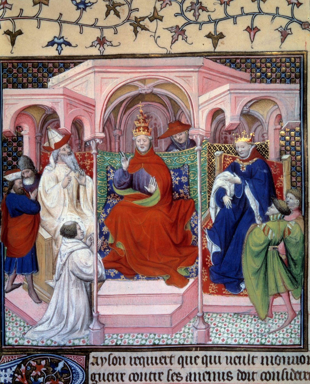 A zsinat V. Kelemen pápa (1264-1314) elnökletével (egy király jelenlétében valószínűleg Bél Fülöp). Miniatűr a La Fleur des histoires de la terre d