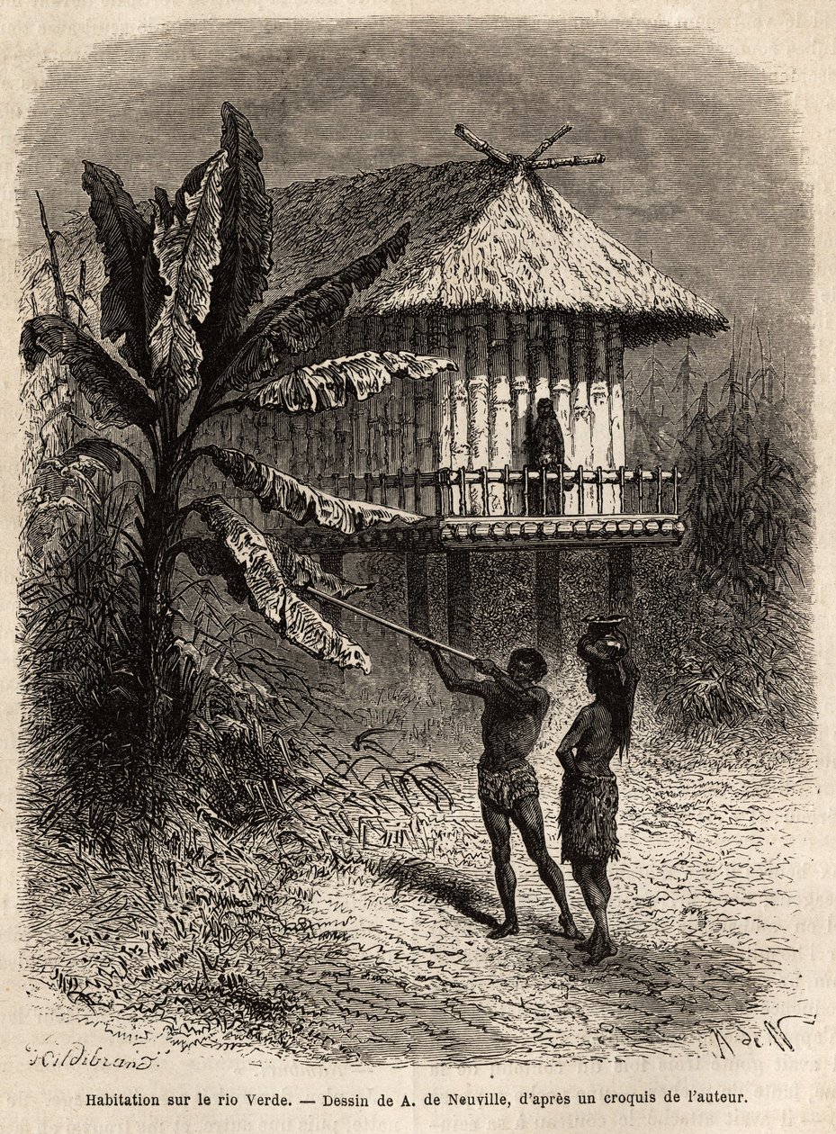 Néhány indián Rio Verde-ből (Brazília) a férfi a sarbacanjával, egy tipikus gólyalábas ház előtt. Dr. Saffray 1869-es metszete az új-granadai utazás szemléltetésére, megjelent a „Le tour du monde”” 1873-ban, szerkesztette Edouard Charton, e alkotó: Unknown artist
