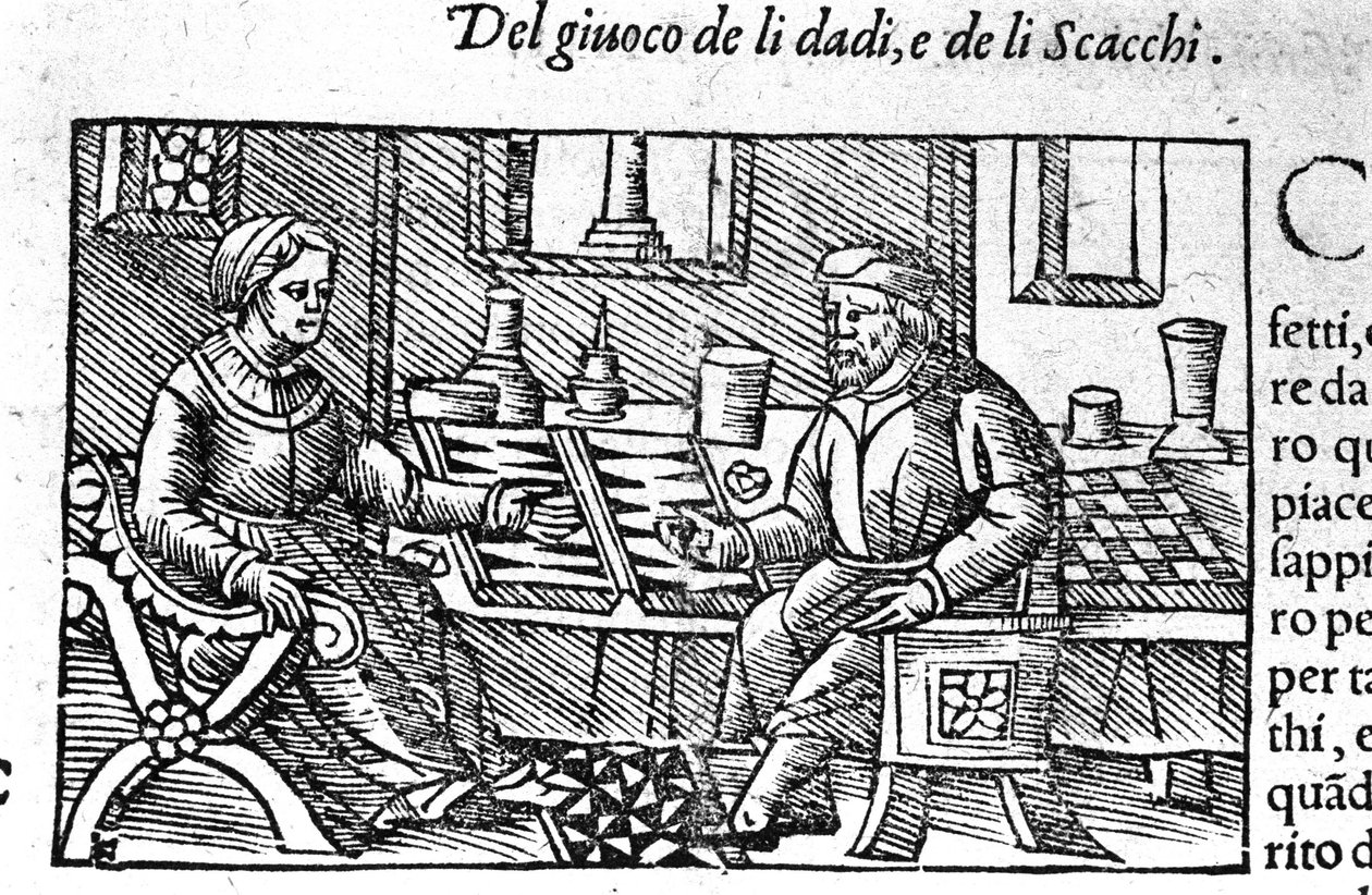 Egy pár kockával játszik. Metszet Olaus Magnus „Historia de gentis septemtrionalis” után, Róma 1560. alkotó: Unknown artist