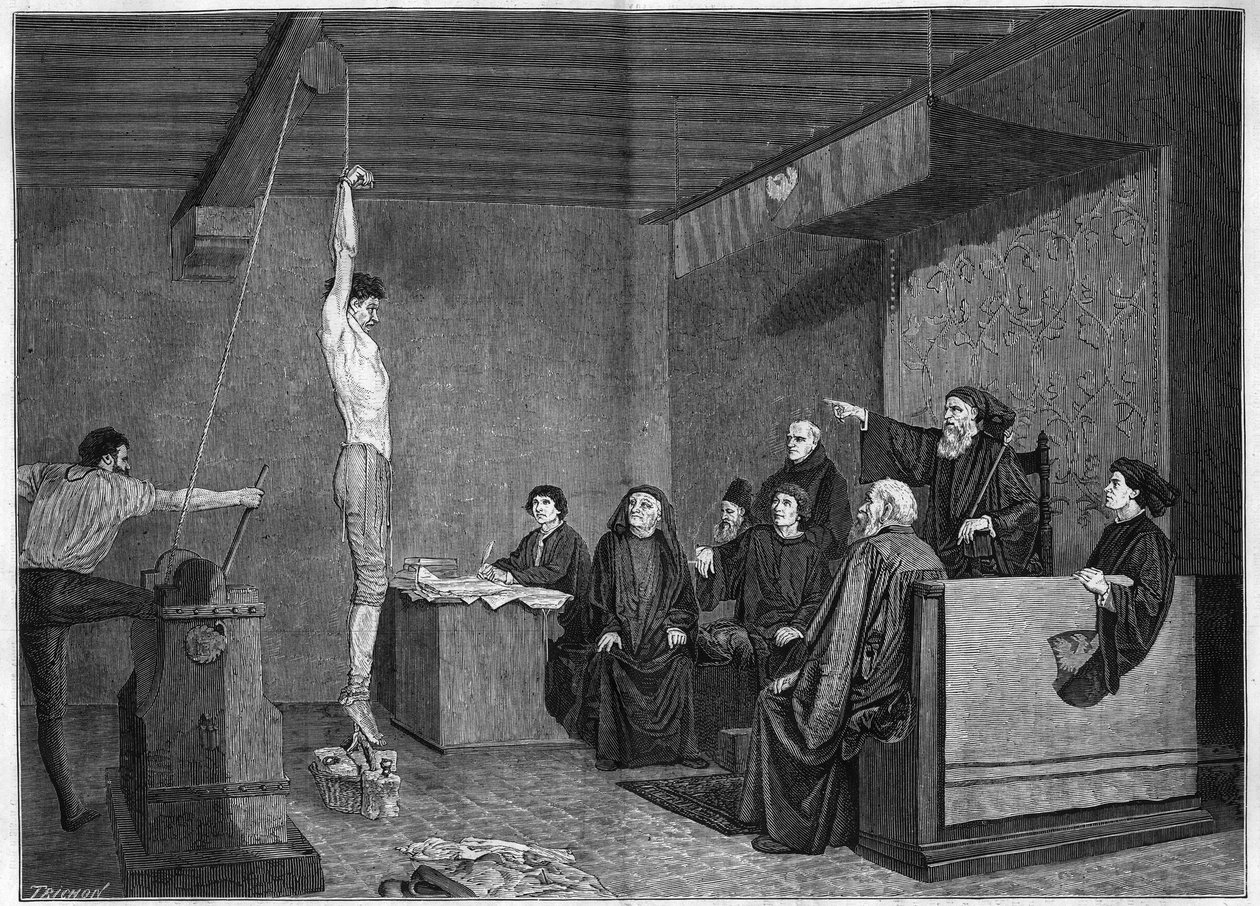 Egy bíróság a 15. században - kihallgatás. A kérdés felfüggesztve súlyokkal a lábakon. Metszet Adolphe Steinheil (1850-1908) festménye után, amelyet a Salon de 1875-ben mutattak be. alkotó: Unknown artist
