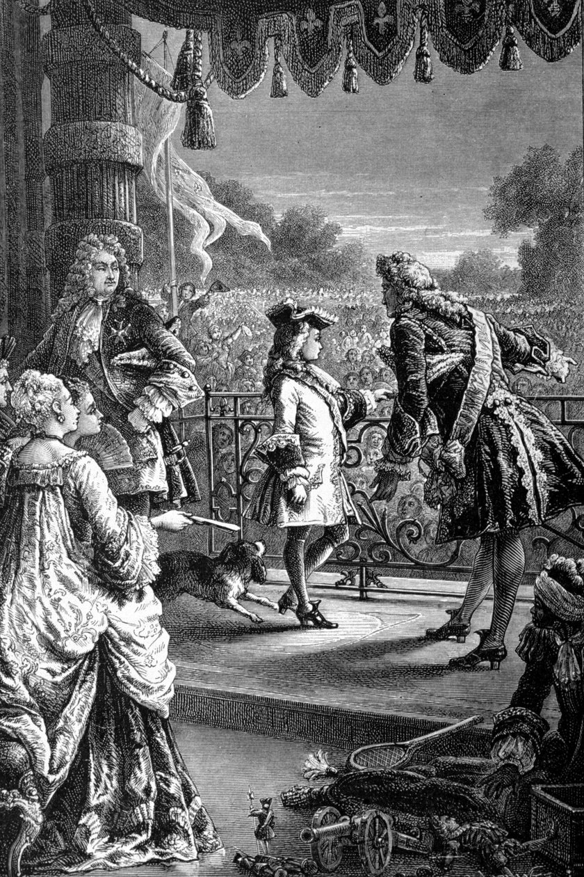 Egy udvarhölgy megmutatja az ifjú XV. Lajost (1710-1774), a tömeg örömében, és elmondja neki, hogy egy napon mindez a tiéd lesz. századi metszet. alkotó: Unknown artist