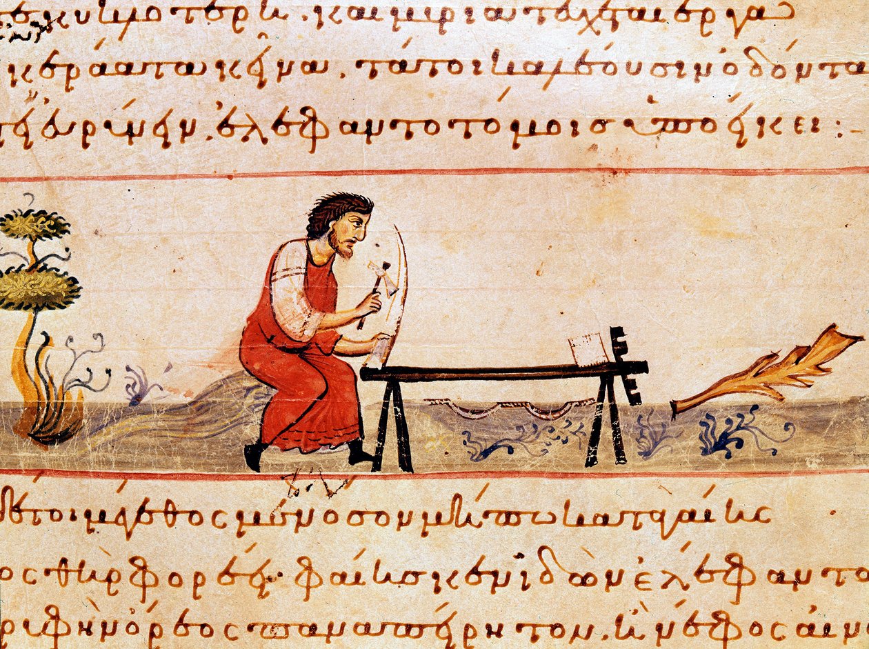 Elefántcsonttal dolgozó iparos. A szíriai Oppian (Oppian vagy Oppianus) (Kr. u. 3. század) miniatúrája a „Cynegetics” vadászszakmából, amelyet Caracallának szenteltek. 11. századi Velence. Biblioteca Marciana alkotó: Unknown artist