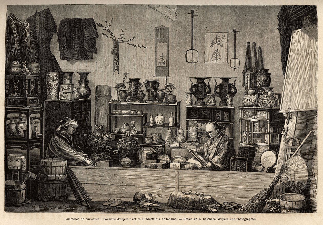 Egy kíváncsiskodó üzlet Yokohamában. Aime Humbert, a Svájci Államszövetség minisztere 1863-1864-es metszete a japán utazás szemléltetésére, megjelent a „Le tour du monde”” 1869-ben, Edouard Charton szerkesztője, Hachette kiadás, Párizs. Selva Collect alkotó: Unknown artist