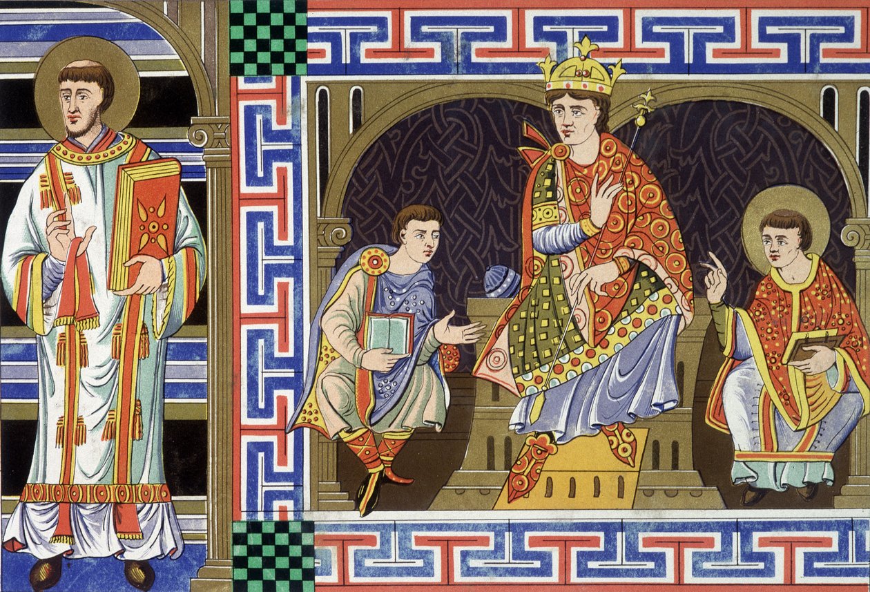A tizedik század népét illusztráló diakónus, nemesi alak, király és eveque; A tizenkilencedik század illusztrációja a „tizedik századi Franciaországból” származik. alkotó: Unknown artist