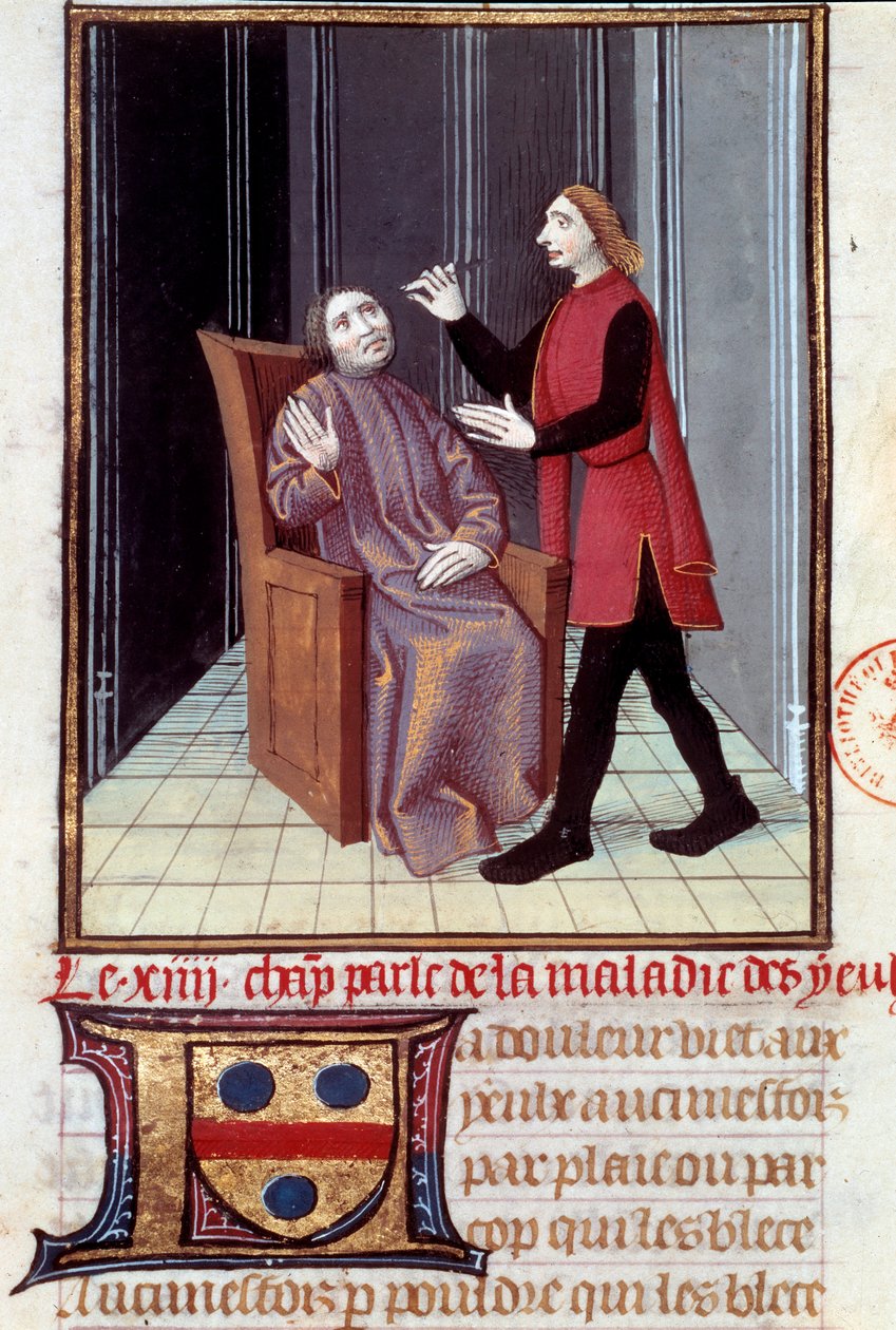 Egy orvos betege szemét operálja Miniatűr a „” Histoire de la medecine”” 16. századi Párizsból, B.N. alkotó: Unknown artist